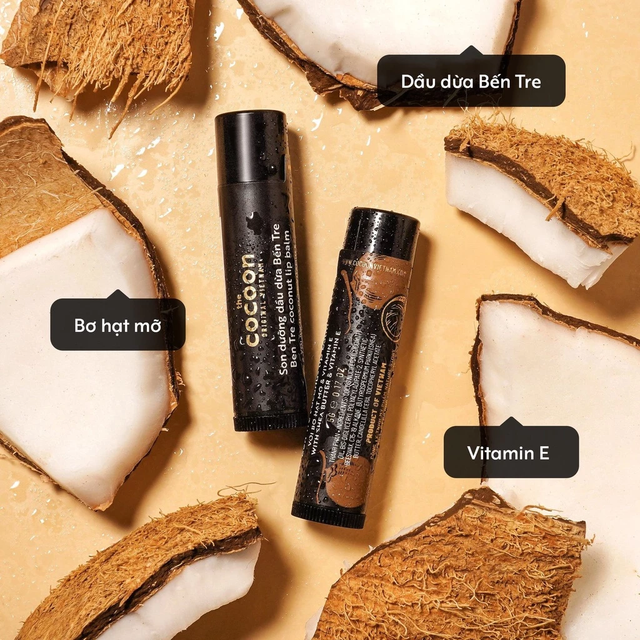 Cocoon Vietnam - Ben Tre Coconut Lip Balm (Son Dưỡng Dầu Dừa Bến Tre) with Shea Butter & Vitamin E 5g. (Pack of 3)