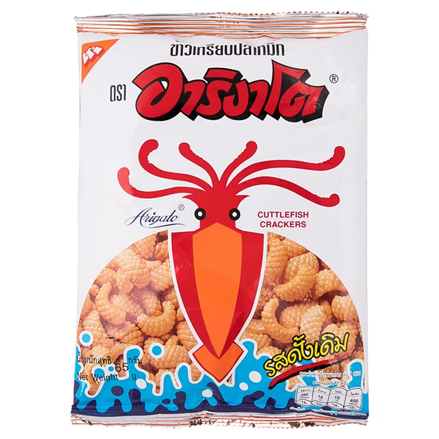 Arigato - Squid Crackers - Original, Grilled Squid, Chili and Tomato, Stir-Fried Clams, Spicy Shrimp Sauce - (Pack of 5 Mix - 50g. each)
