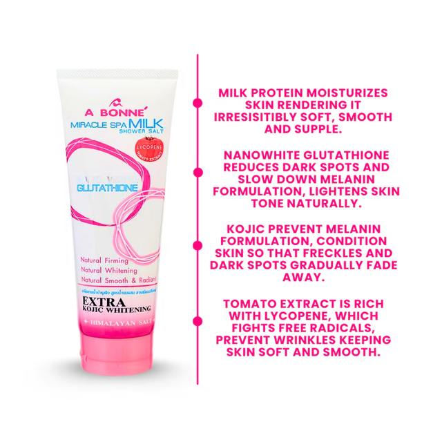 A Bonne' - Miracle Spa Milk Shower Salt Plus Lycopene Tomato Extract and Nano White Glutathone 350g.