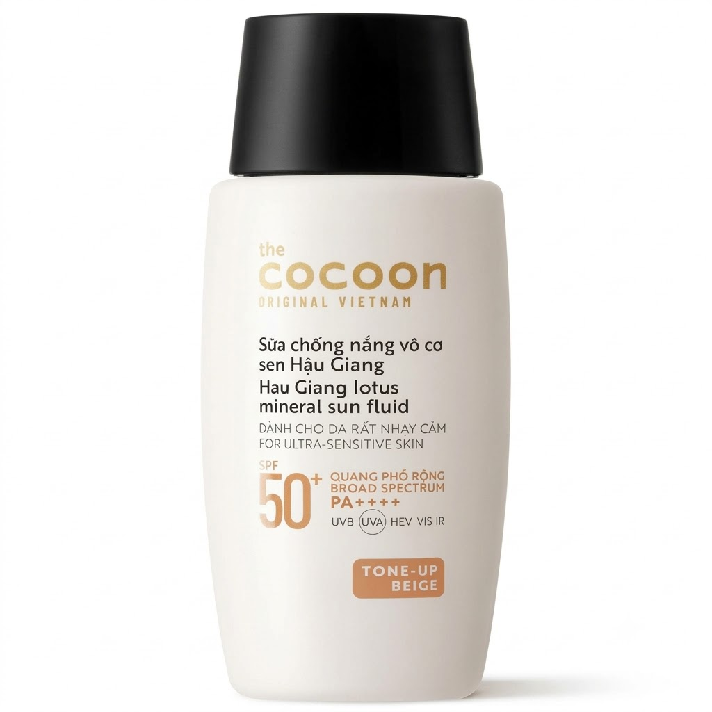 Cocoon Vietnam - Hau Giang Lotus Mineral Sun Fluid (Sữa Chống Nắng Vô Cơ Sen Hậu Giang) SPF 50+ PA++++ Tone-Up Beige 50ml.