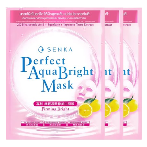 Senka - Perfect Aqua Bright Mask - Firming Bright with Double Hyaluronic Acid, Squalane, Japanese Yuzu Extract 21g. (Pack of 3)