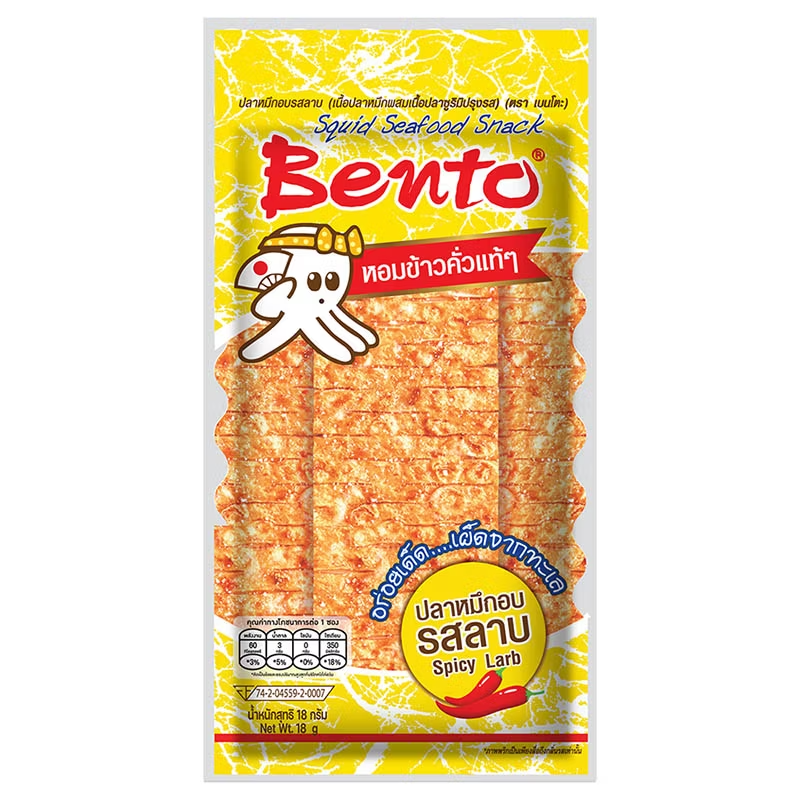 Bento - Baked Squid - Spicy Flavor 22 g. | Larb Flavor, 18 g. | Korean Spicy Sauce 18 g. | Spicy Seafood Flavor 18 g. | Seasoned Flavor 22 g. (Pack of 5 Mix)