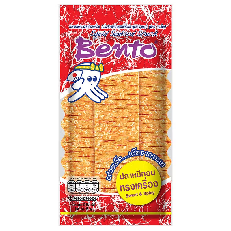 Bento - Baked Squid - Spicy Flavor 22 g. | Larb Flavor, 18 g. | Korean Spicy Sauce 18 g. | Spicy Seafood Flavor 18 g. | Seasoned Flavor 22 g. (Pack of 5 Mix)