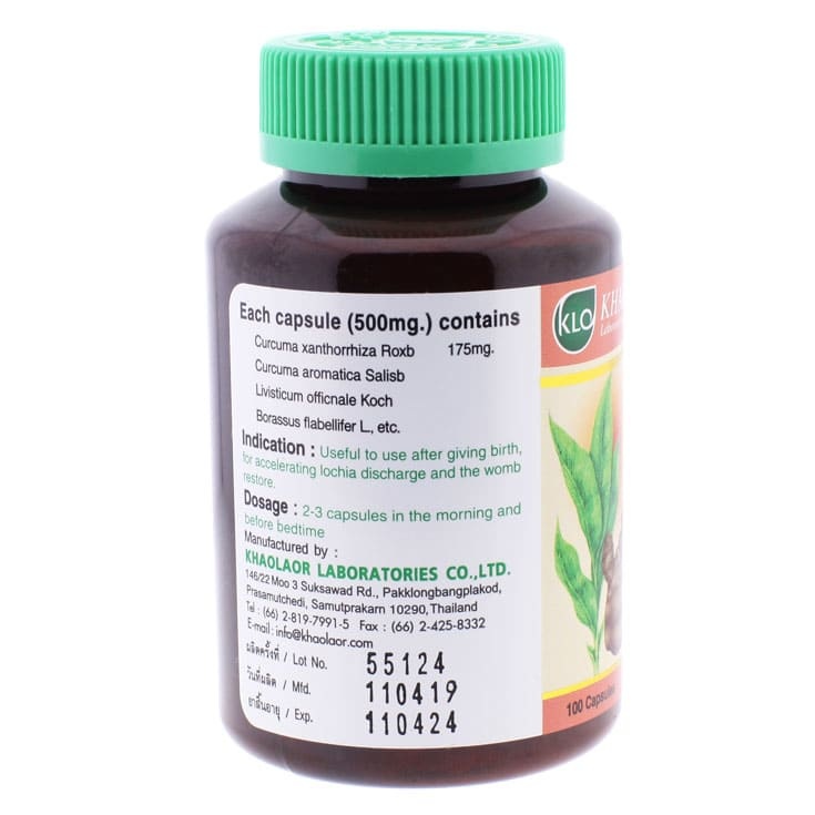 Khaolaor - Curcuxan, Uterine Stimulant, Curcuma Xanthorrhiza Roxb, Curcuma Aromatica Salisb, Livisticum Officnale Koch and Borassus Flabellifer L (100 capsules)