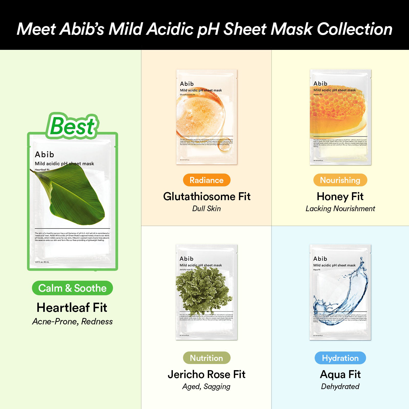 Abib - Mild Acidic pH Sheet Face Mask, Heartleaf Fit 30ml. (Pack of 3)