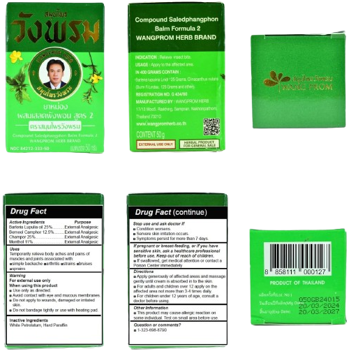 Wang Prom - Green - Clinacanthus Nutans, Barleria Lupulina Lindl, Vamphor and Menthol - Herbal Balm 50 g. (Pack of 3) - For Itchy Skin - Made in Thailand