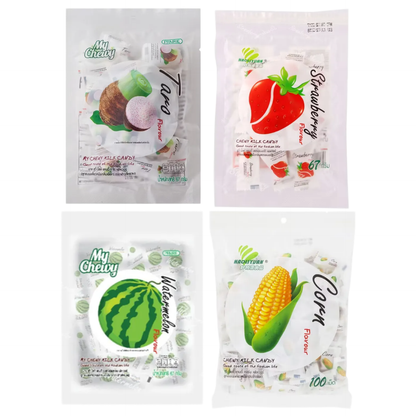 My Chewy - Milk Candy Taro Flavor 67 g, Milk Corn Flavored Chewy Candy 67 g, Milk Strawberry Chewy Candy 67 g, Milk Watermelon Flavored Chewy Candy 67 g (Pack of 4 Mix)