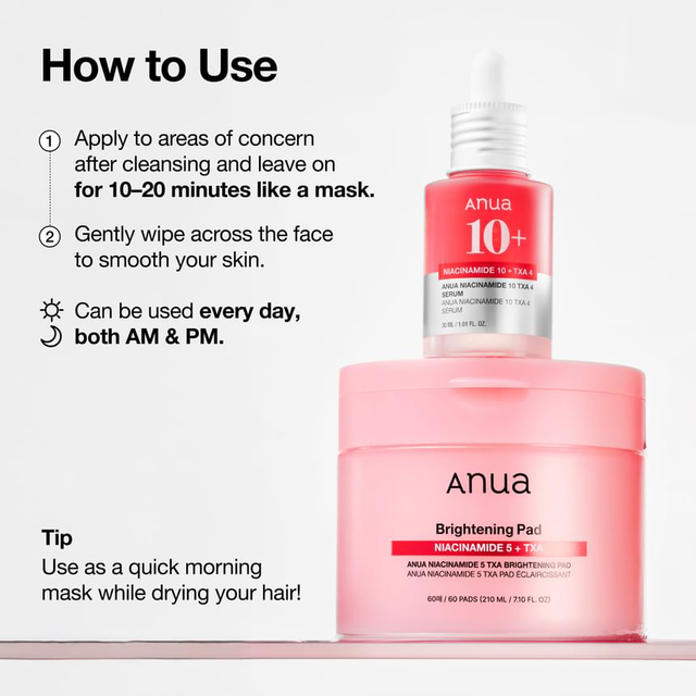 Anua - Bundle of: 1x Niacinamide 5 TXA Brightening Pad (60 Pads) + 1x Niacinamide 10 TXA 4 Serum 30ml.