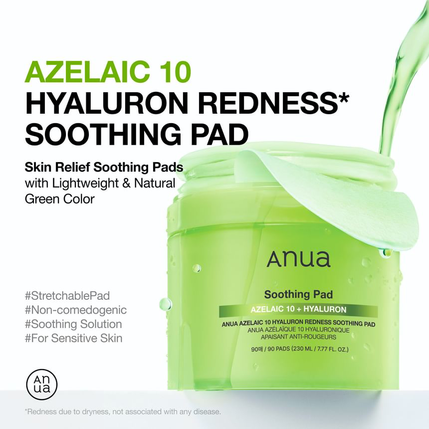 Anua - Bundle of: 1x Azelaic 10 Hyaluron Redness Soothing Pad (90 Pads) + 1x Azelaic Acid 10 Hyaluron Redness Soothing Serum 30ml.