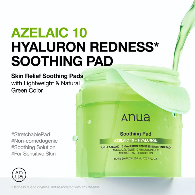 Anua - Bundle of: 1x Azelaic 10 Hyaluron Redness Soothing Pad (90 Pads) + 1x Azelaic Acid 10 Hyaluron Redness Soothing Serum 30ml.