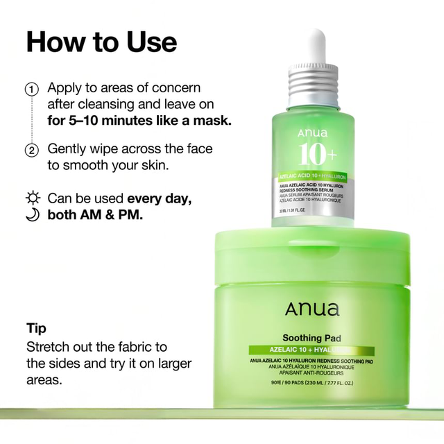 Anua - Bundle of: 1x Azelaic 10 Hyaluron Redness Soothing Pad (90 Pads) + 1x Azelaic Acid 10 Hyaluron Redness Soothing Serum 30ml.
