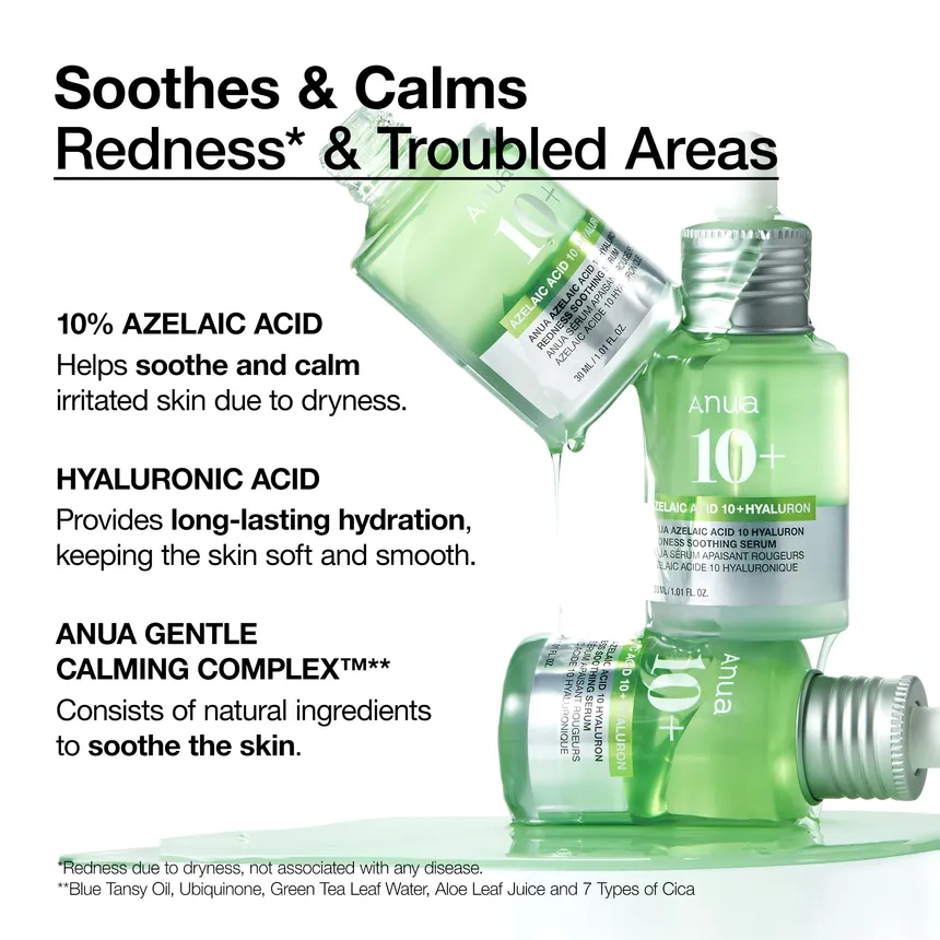Anua - Bundle of: 1x Azelaic 10 Hyaluron Redness Soothing Pad (90 Pads) + 1x Azelaic Acid 10 Hyaluron Redness Soothing Serum 30ml.