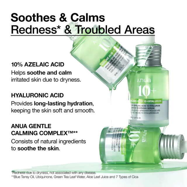 Anua - Bundle of: 1x Azelaic 10 Hyaluron Redness Soothing Pad (90 Pads) + 1x Azelaic Acid 10 Hyaluron Redness Soothing Serum 30ml.