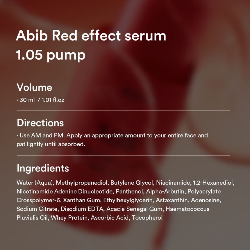 Abib - Red Effect Serum 1.05 Pump with Astaxanthin 0.05% and NAD 1% 30ml.