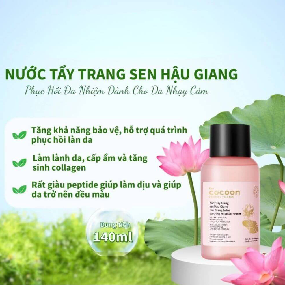 Cocoon Vietnam - Hau Giang Lotus Soothing Micellar Water (Nước Tẩy Trang Sen Hậu Giang) with Lotus Extract & Prebiotics 140ml.