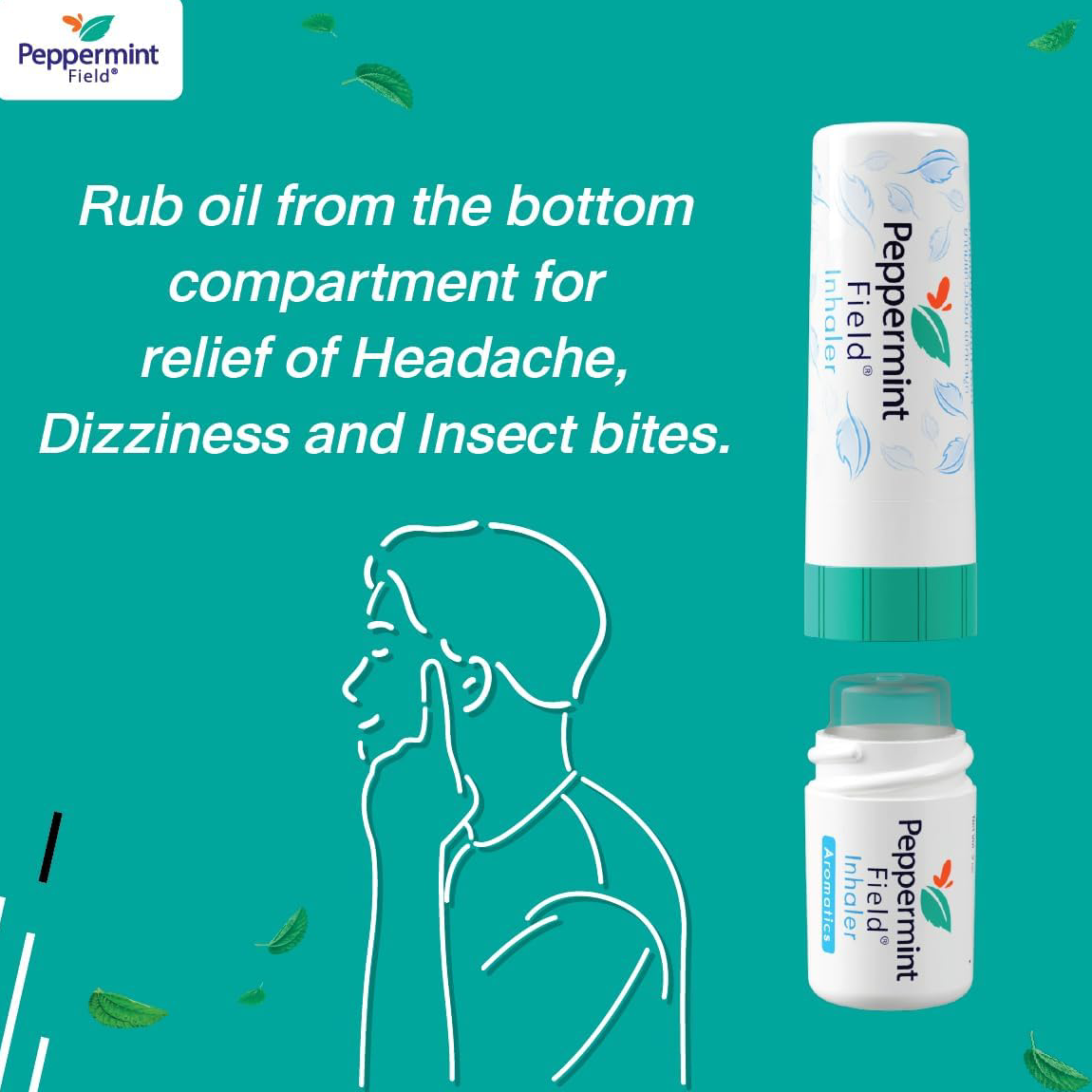 Peppermint Field - Natural Aromatherapy Nasal Inhaler - Peppermint Oil, Menthol, Eucalyptus Oil, Camphor (Pack of 6) - Made in Thailand