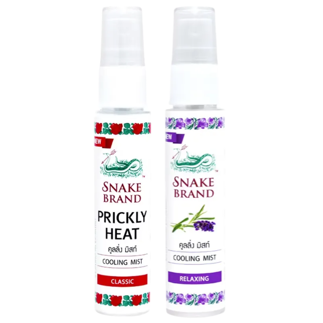 Snake Brand - Cooling Body Mist Spray - Prickly Heat - 1x Classic and 1x Relaxing (Lavender Scent) 30ml. (Pack of 2) - Made in Thailand