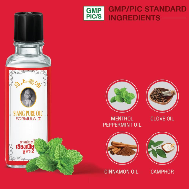 Siang Pure - White Oil Formula 2 - Peppermint Menthol Aroma 25ml (Pack of 6) - Made in Thailand