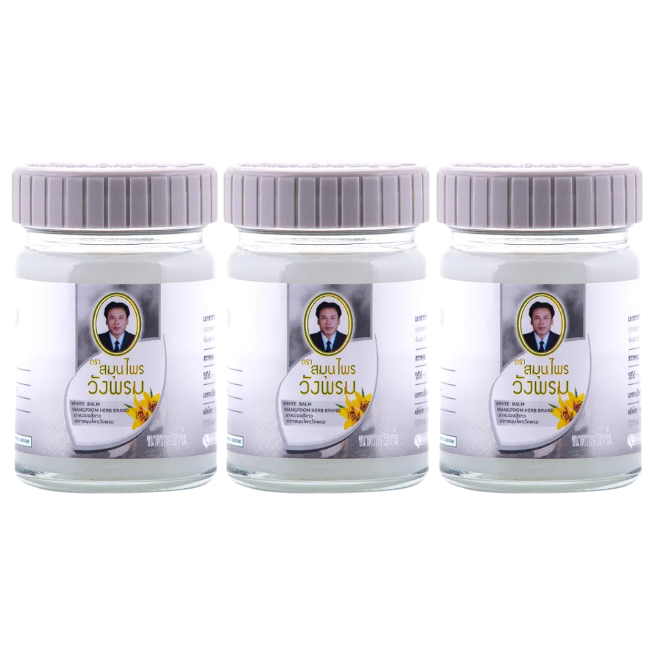 Wang Prom - White - Paraffin, Menthol, Coconut Oil, Borneol, Camphor and Wintergreen Essential Oil - Herbal Balm 50 g. (Pack of 3) - Muscle, Back and Joint Pain Relief - Made in Thailand