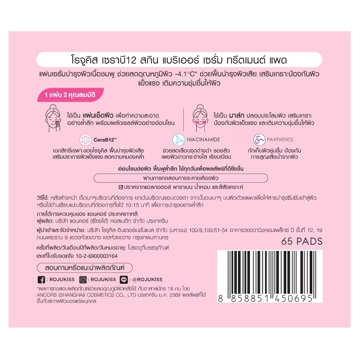 Rojukiss - CeraB12 Skin Barrier Serum Treatment Pad (65 pads)