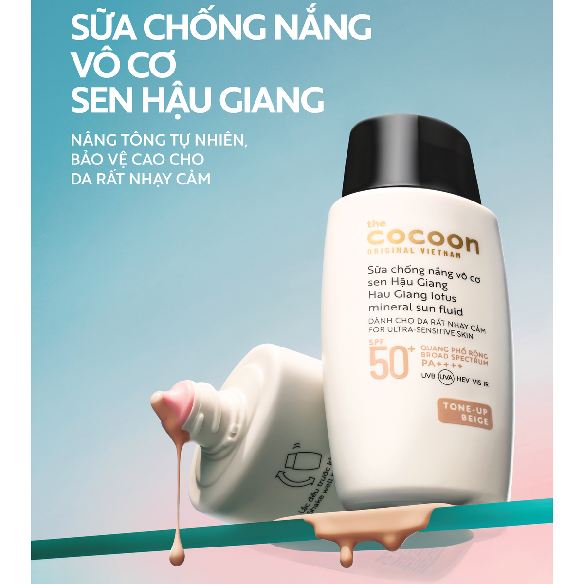Cocoon Vietnam - Hau Giang Lotus Mineral Sun Fluid (Sữa Chống Nắng Vô Cơ Sen Hậu Giang) SPF 50+ PA++++ Tone-Up Beige 15ml.