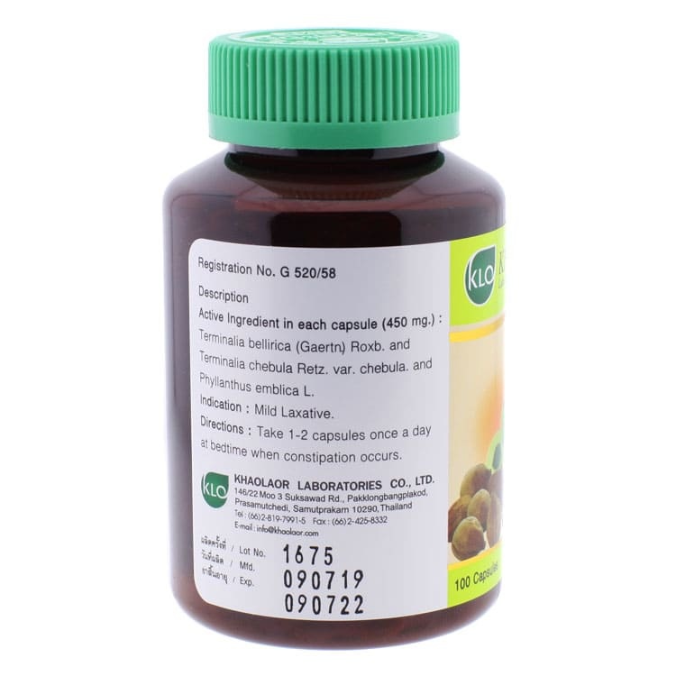 Khaolaor - Ya Triphala, Terminalia Bellirica (Garetn) Roxb, Terminalia Chebula Retz. var. Chebula., Phyllanthus Emblica L. (100 capsules)