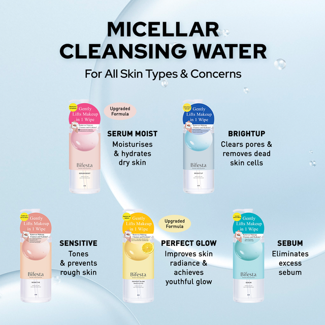 Bifesta Micellar Cleansing Water product lineup showing Serum Moist Brightup Sensitive Perfect Glow and Sebum versions