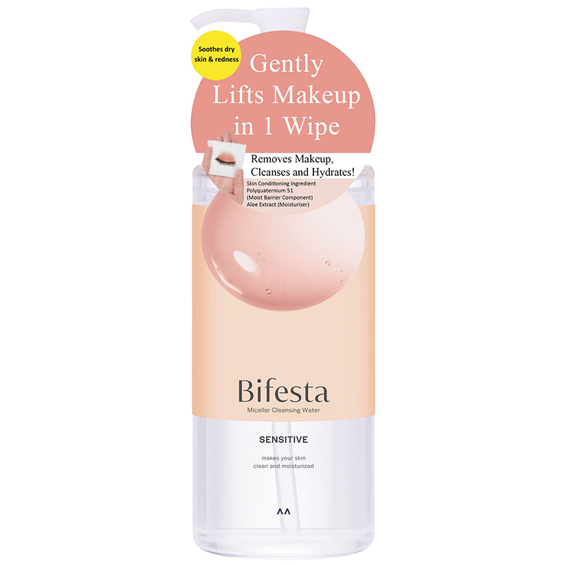 Bifesta Micellar Cleansing Water Sensitive 400ml bottle with sticker highlighting 1-wipe makeup removal and soothing dry skin