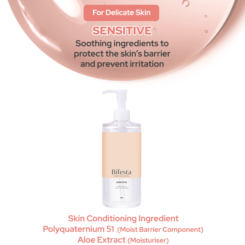 Bifesta Sensitive Micellar Water active ingredients Polyquaternium 51 and Aloe Extract for delicate skin barrier protection