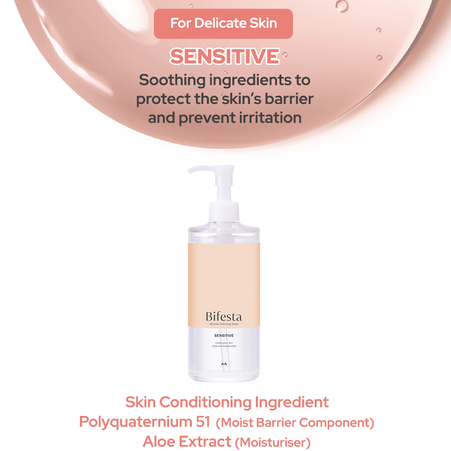 Bifesta Sensitive Micellar Water active ingredients Polyquaternium 51 and Aloe Extract for delicate skin barrier protection