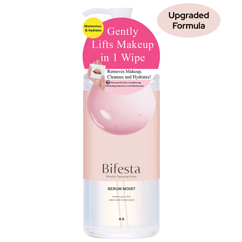 Bifesta Micellar Cleansing Water Serum Moist 400ml bottle featuring upgraded formula with Niacinamide and Hyaluronic Acid