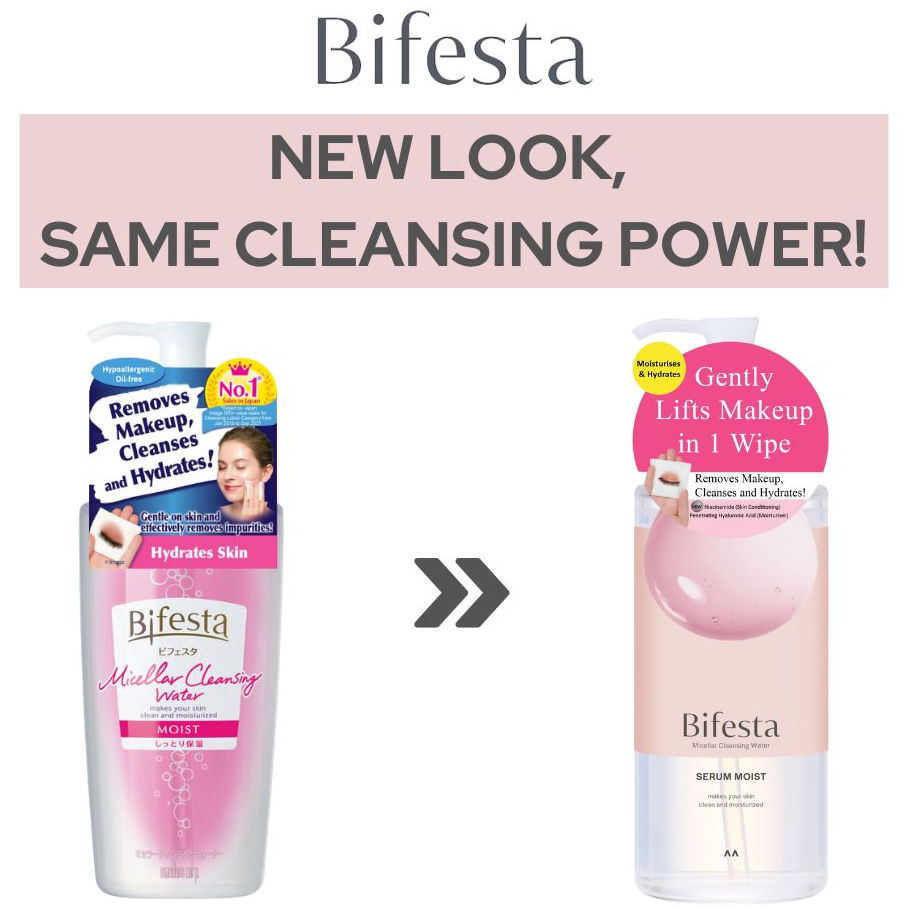 Bifesta Serum Moist Cleansing Water new packaging design showing 1-wipe makeup removal for dry skin