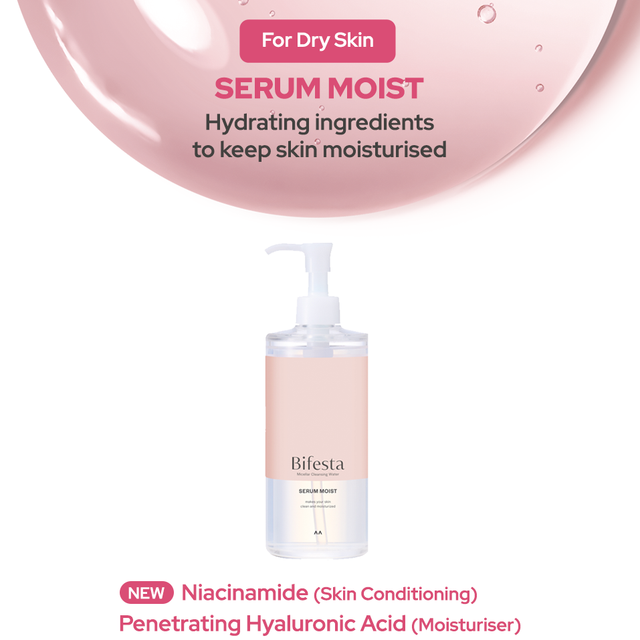 Hydrating ingredients in Bifesta Serum Moist including Niacinamide for conditioning and Penetrating Hyaluronic Acid for moisture