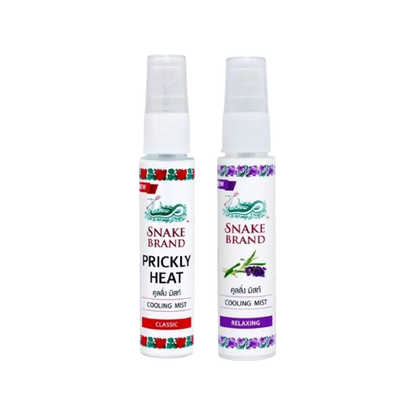 Snake Brand - Cooling Body Mist Spray - Prickly Heat - 1x Classic and 1x Relaxing (Lavender Scent) 30ml. (Pack of 2) - Made in Thailand