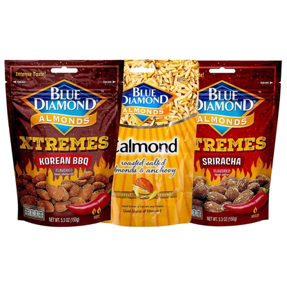 Blue Diamond - Korean BBQ Almonds 150 g. | Sriracha Almonds 150 g. | Calmond (Almonds and Seasoned Baked Fish) 130 g. (Pack of 3 Mix)