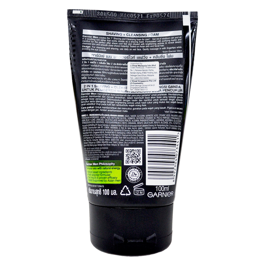 Garnier Men - Power White - Shaving + Cleansing Brightening Foam 100 ml - Made in Indonesia