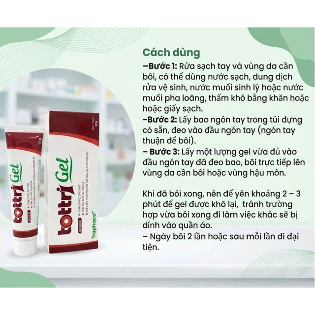 Traphaco - Tottri Gel - Hemorrhoid Relief Gel for Swelling and Pain Gel Bôi Trĩ Giảm Nhanh Đau Rát & Táo Bón 30g.