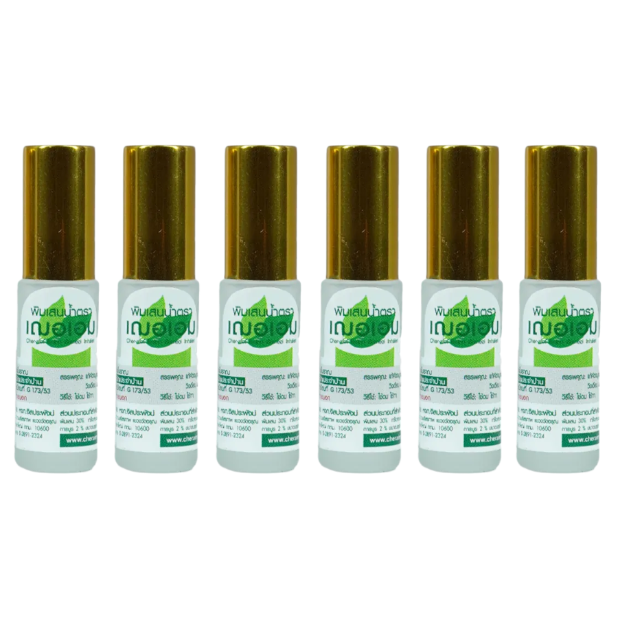 Cher-aim - Herbal Inhaler Nasal Borneol Oil Roller 5ml. (Pack of 6) - Yadom - Relieve Congestion Dizzy - Made in Thailand