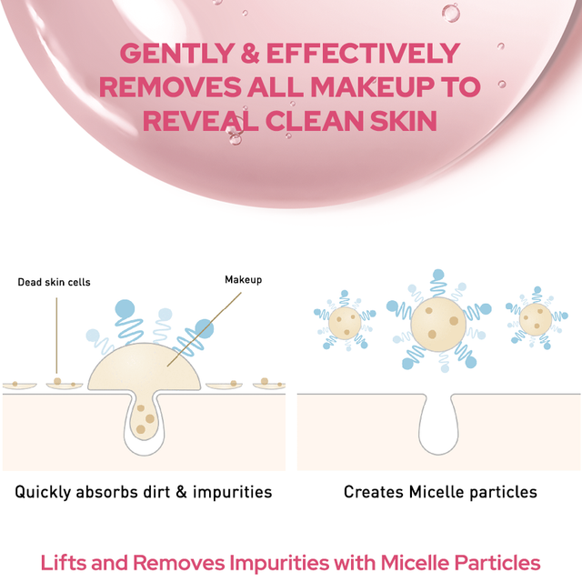 Scientific infographic showing how Bifesta micelle particles absorb dirt and lift impurities to reveal clean skin
