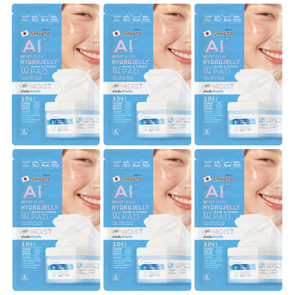 Smooto - AI Moist Glow Hydrojelly Mask & Toner Pads with Ceramide - 8 Pads (Pack of 6 = 48 pads)