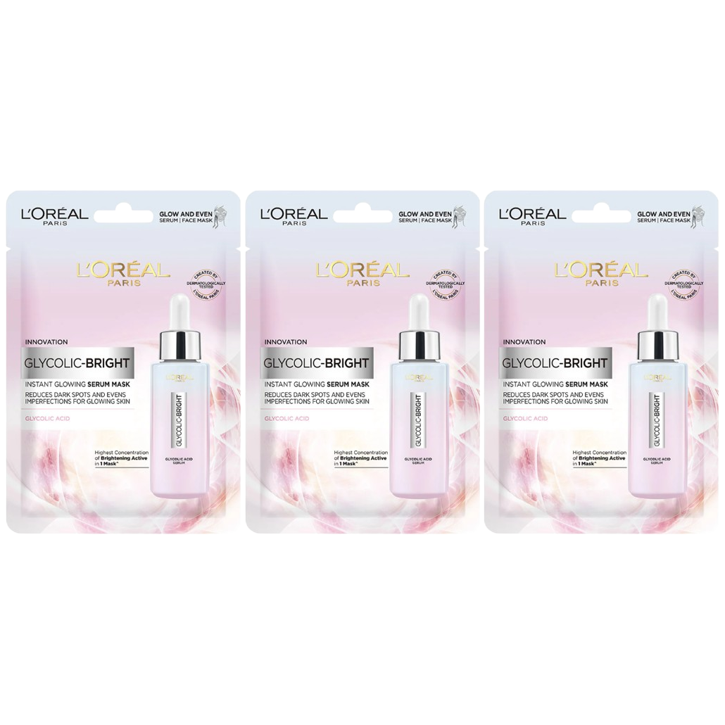 L'Oréal - Glycolic Bright Instant Glowing Serum Mask with Glycolic Acid 22g. (Pack of 3)