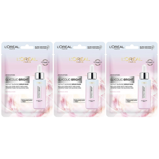 L'Oréal - Glycolic Bright Instant Glowing Serum Mask with Glycolic Acid 22g. (Pack of 3)