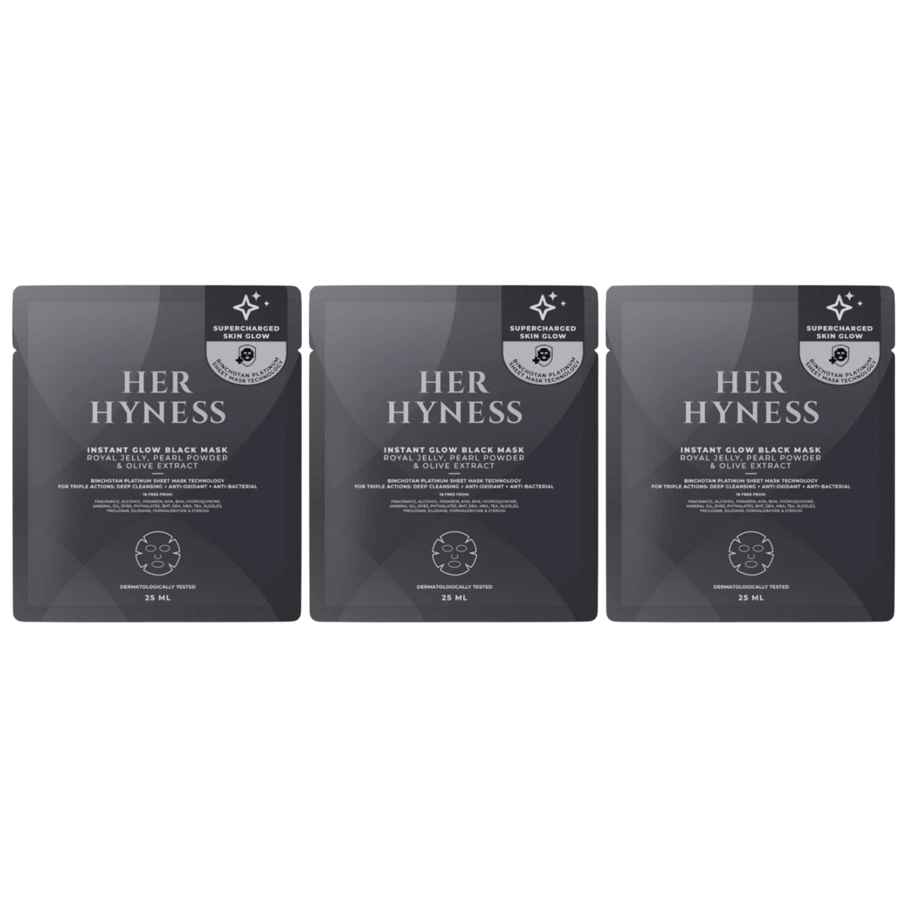 Her Hyness - Instant Glow Black Mask with Royal Jelly, Pearl Powder & Olive Extract 25ml. (Pack of 3)