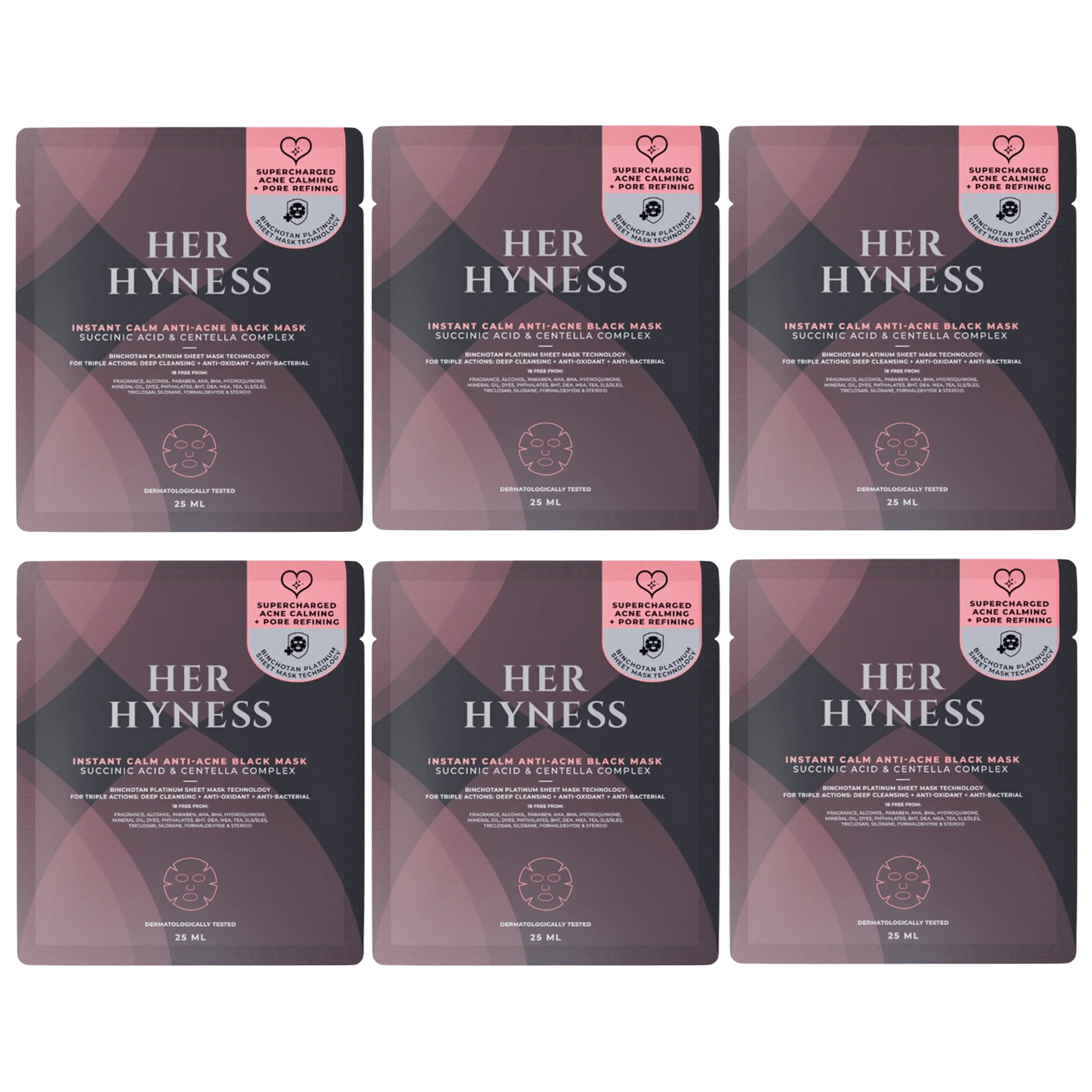 Her Hyness - Instant Calm Anti-Acne Black Mask with Succinic Acid & Centella Complex 25ml. (Pack of 6)