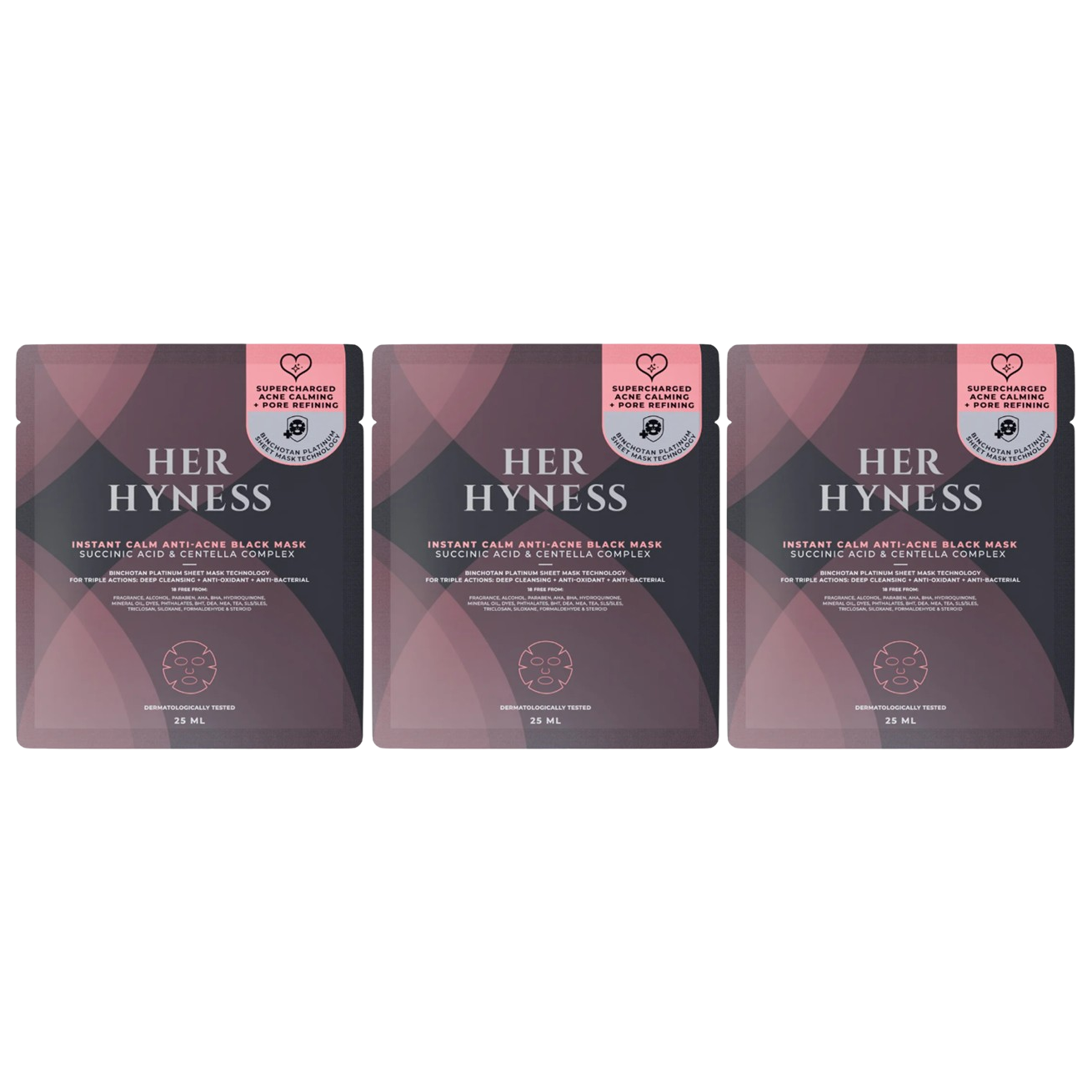 Her Hyness - Instant Calm Anti-Acne Black Mask with Succinic Acid & Centella Complex 25ml. (Pack of 3)
