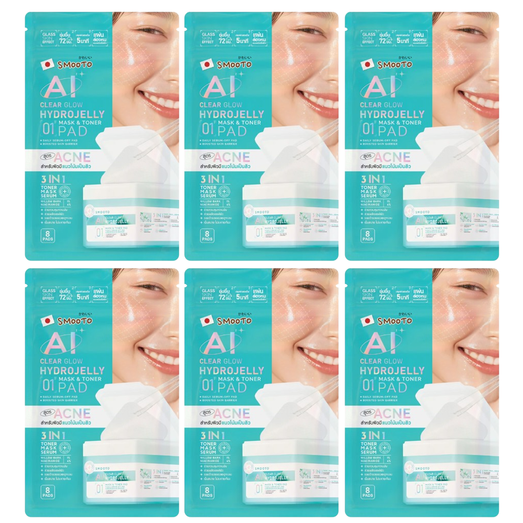 Smooto - AI Clear Glow Hydrojelly Mask & Toner Pads with Willow Bark and Niacinamide - 8 Pads (Pack of 6 = 48 pads)