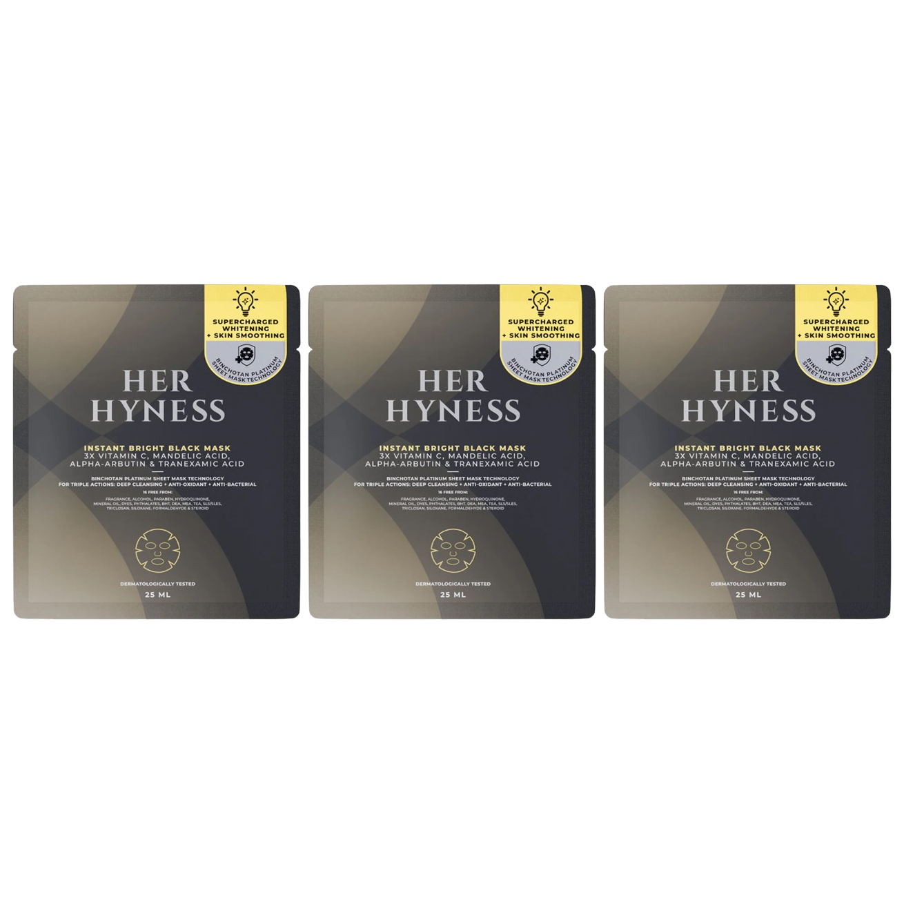 Her Hyness - Instant Bright Black Mask with 3X Vitamin C, Mandelic Acid, Alpha-Arbutin & Tranexamin Acid 25ml. (Pack of 3)
