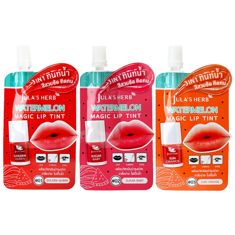 Jula's Herb - Watermelon Magic Lip Tint 2g. (Pack of 3 colors - Golden Queen, Sugar Baby & Sun Orange)