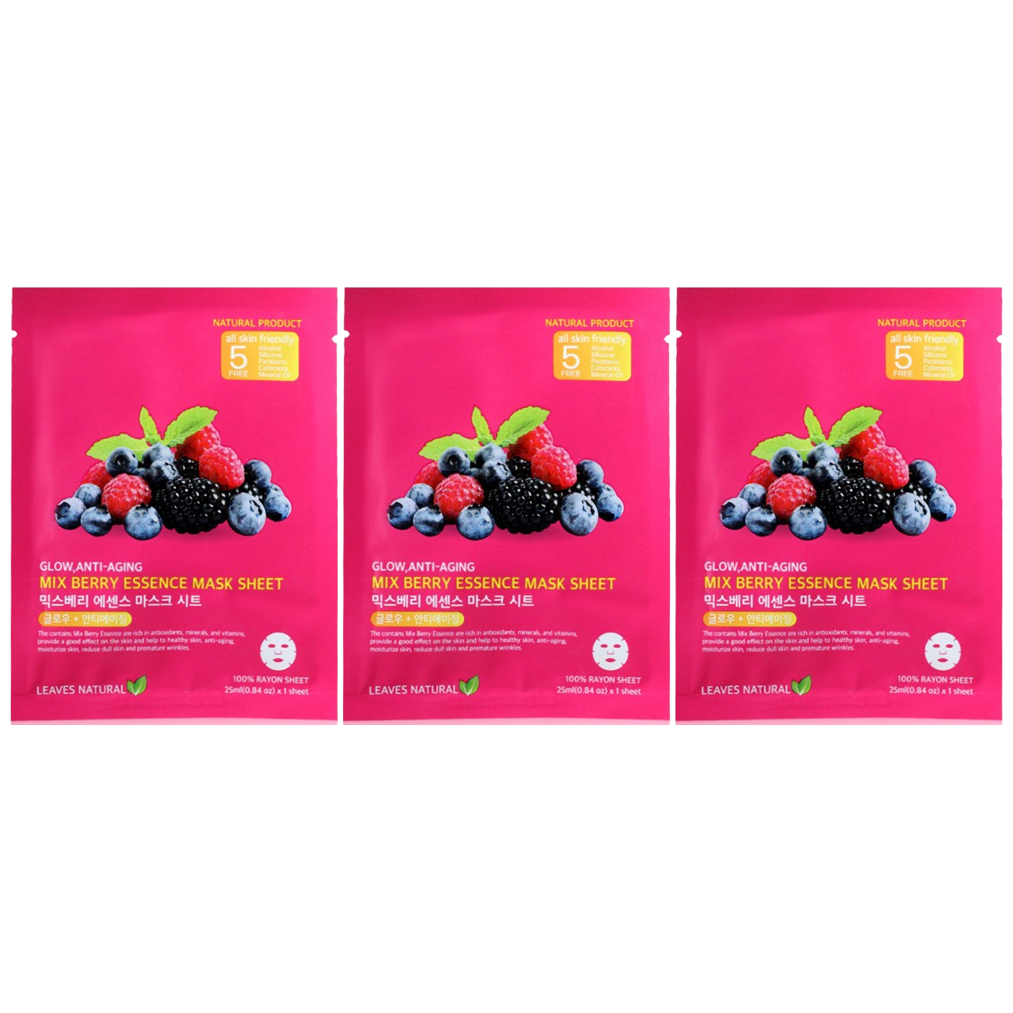 Leaves Natural - Mix Berry Essence Mask Sheet with Anti-Aging and Glow Face Mask 25ml. (Pack of 3)