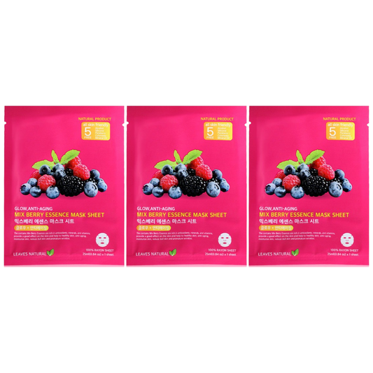 Leaves Natural - Mix Berry Essence Mask Sheet with Anti-Aging and Glow Face Mask 25ml. (Pack of 3)